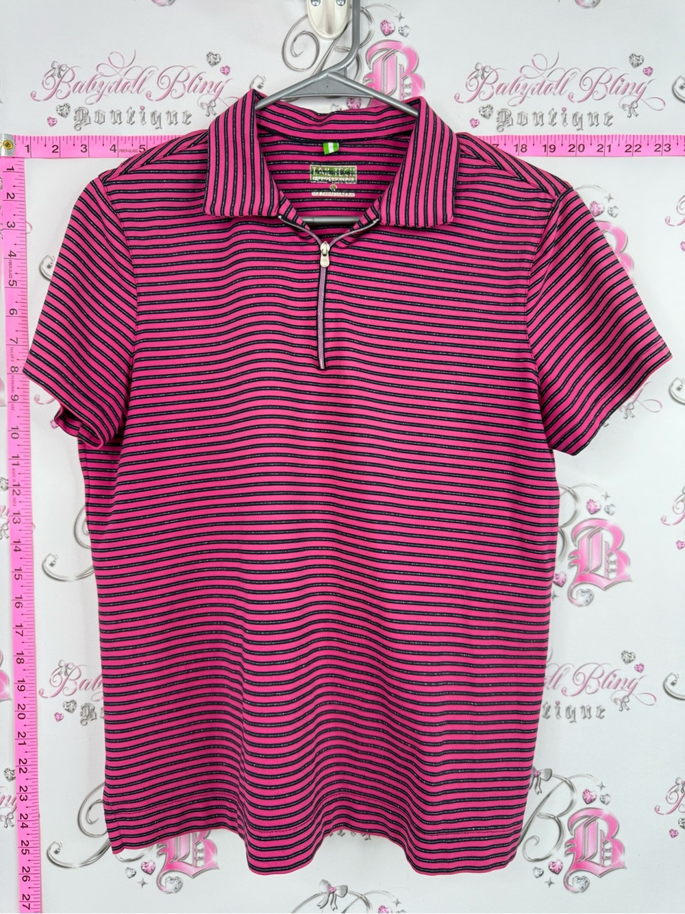 Tailteck shirt sparkly zip up silver Pink & Black Striped Zip Polo